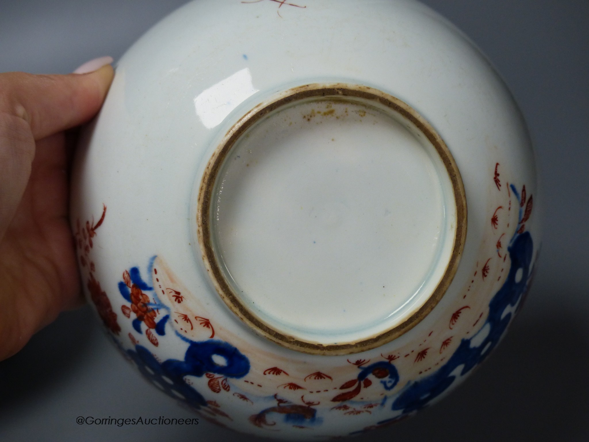 Lowestoft bowl painted in Redgrave style with Two Birds pattern and another painted with a chrysanthemum, fence and a holed rock, 16cm diameter